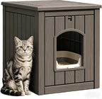 Cat Litter Box Enclosure, Multi-Functional Enclosed Cat Litter Box Furniture, Outdoor Cat House Weatherproof, Openable Front Door & Raised Floor, Easy to Clean & Assemble, Grey