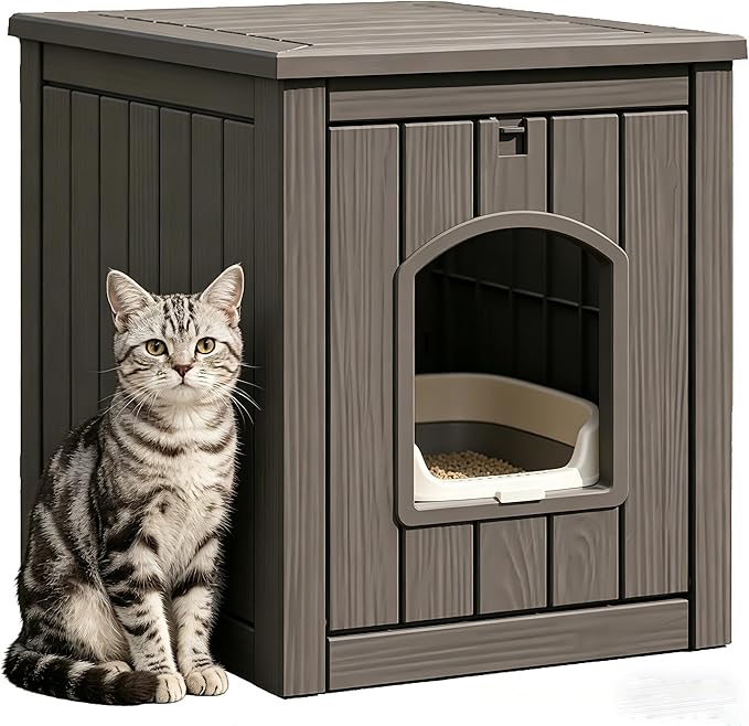 Cat Litter Box Enclosure, Multi-Functional Enclosed Cat Litter Box Furniture, Outdoor Cat House Weatherproof, Openable Front Door & Raised Floor, Easy to Clean & Assemble, Grey