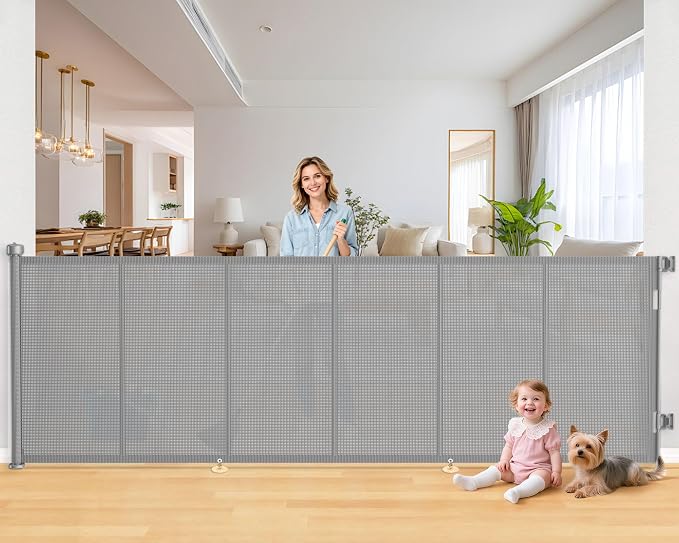 EZIGO 120 Inch Retractable Baby Gates, 41 Inch Extra Tall Retractable Gate | Reinforced Retractable Dog Gate with Rods, 10 FT Extra Long Mesh Pet Gate for Stairs Hallways Doorway Indoor Outdoor, Gray