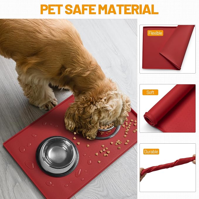 Hubulk Dog Feeding Mat,100% Waterproof Food Grade Silicone Pet Food and Water Bowl Placemat,Dishwasher, High Raised Edge to Prevent Spills,Nonslip Tray to Stop Messes on Floor (24"x16"x0.5", Red)