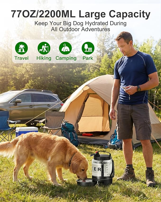 Portable Dog Water Bottle with Bowl, Large 77 oz/2.2 L, Black | Food-grade, BPA-free material, silicone seal, easy-clean wide mouth, grip handle, for large dogs, hiking, camping, beach days
