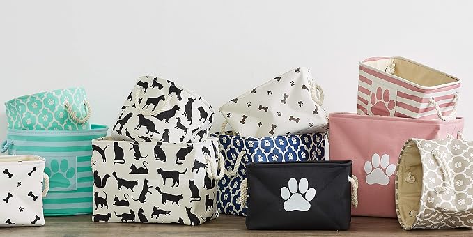 Bone Dry Pet Storage Collection Striped Paw Patch Bin, Black, Small Round