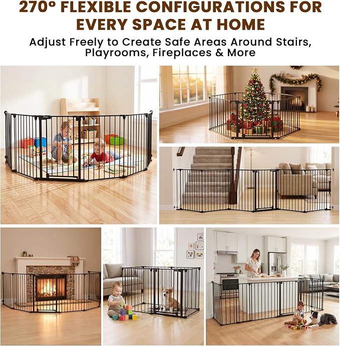 Mumeasy 150" Extra Wide Baby Gate, Play Yard Long Dog Gate for Doorways | Pet Gate Auto Close Walk Thru Door, Adjustable Large Child Safety Fence Gate for House Fireplace Outdoor,6 Metal Panels,Black