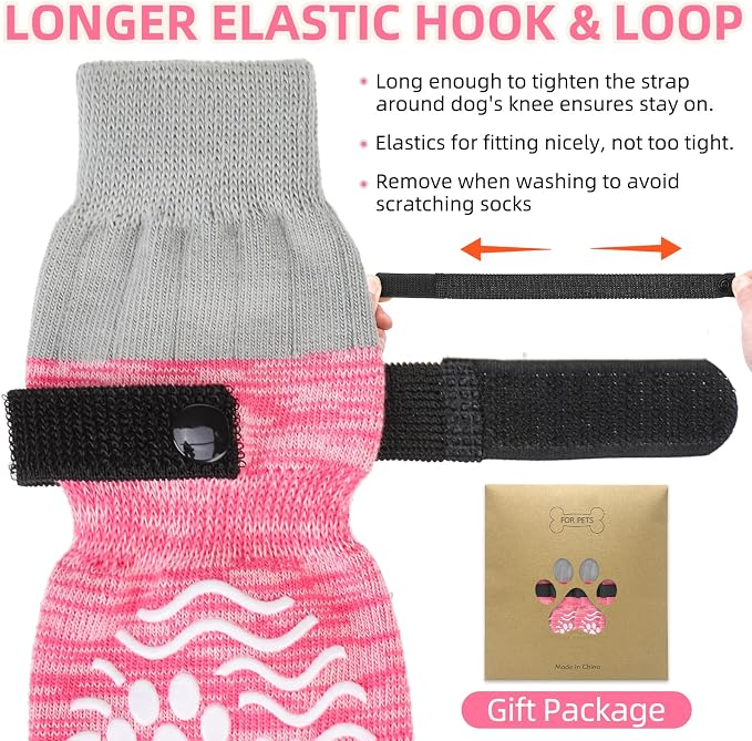 PUPTECK Anti Slip Dog Socks, Shoes with Grippers to Prevent Licking Hardwood Floors Traction, Rubber Boots & Paw Protectors for Small Medium Large Dogs Cold/Hot Pavement, Senior Dogs Booties Pink
