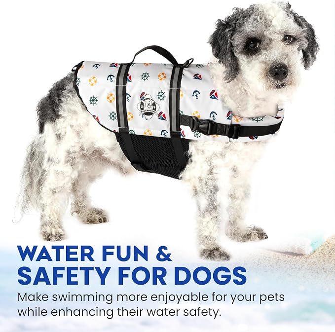 Dog Life Jacket — Premium Swim Vest with SafeChin Anti-Choke Collar | PAWS Aboard Nautical Dog | RapidLift Rescue Handle, D-Ring, Reflective Trim | Boating, Kayaking, Pool | X-Small (6–15 lbs)