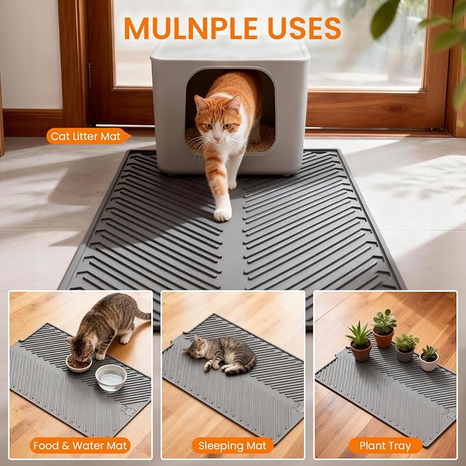 Cat Litter Box Mat Large Litter Trapping Mat for Cat | 34" x 22", Silicone, Foldable, Non-Slip, Friendly Soft on Cat Paws, Easy to Clean, Scatter Control, Light gray