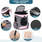 Petsfit Dog and Cat Backpack Carrier, Padded Waist Support, Up to 18 lb | 13.5 x 12.5 x 17.5 in; reinforced frame, 600D Oxford, 4 mesh panels, lockable zippers, safety tether and washable mat.