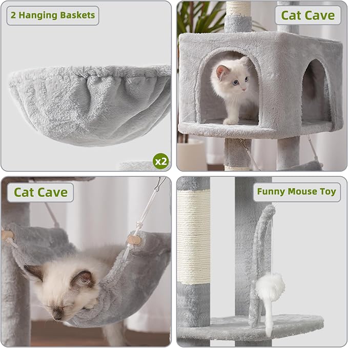 Gitelsnour Tall Cat Tree Tower for for Multiple Cats, Large Condo, GCT031W | 78.7"(200cm) Multi-level Scratching Post for Indoor Large Adult, 2 Condo, 4 Platforms, 3 Hammock, Sisal Rope, Toys Light Gray