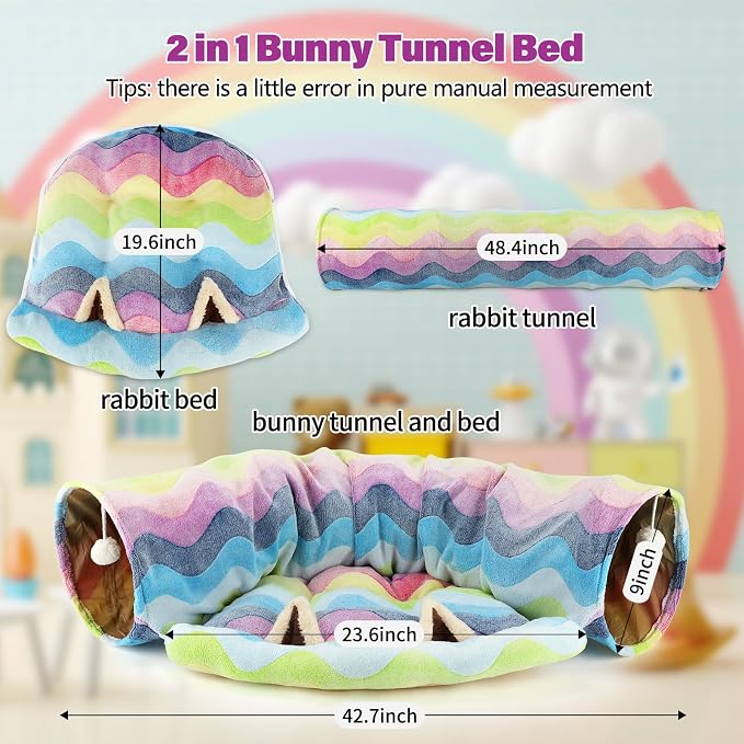 BWOGUE Bunny Tunnel Bed, 2-in-1 Collapsible Rabbit Tunnel Hideout with Mat | Removable Mat for Washing, Ball Toy for Play, Tunnel Tubes for Hiding, Soft Suede Fabric, Cats Rabbits Guinea Pigs
