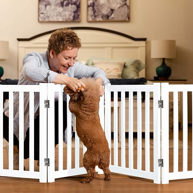 LZRS Wooden Free Standing Foldable Dog Gate Indoor – 80" W x 24" H, Extra Wide Step-Over Safety Pet Gate for Doorways, Stairs, Hallways, Large Spaces & Playpen for Puppies Indoor Use, White