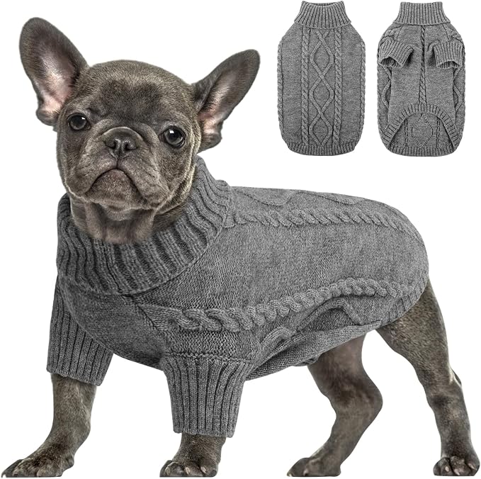 Queenmore Small Dog Pullover Sweater, Cold Weather Cable Knitwear, Classic Turtleneck Thick Warm Clothes for Chihuahua, Bulldog, Dachshund, Pug (Slate Grey, Large)