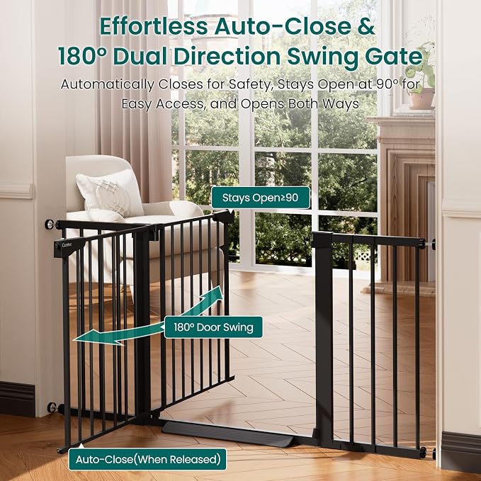 Cumbor 30-54" Extra Wide Baby Gate for Stairs & Auto Close Dog Gate Black | Dual Lock Easy Install Pet Gate for Doorways, Hallways & Kitchen, Pressure Mounted, Easy Walk Thru Safety Proofing