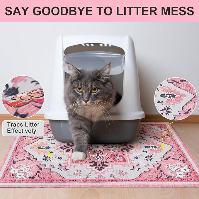 BEAUTYZOO Cat Litter Mat Litter Trapping Mat, 28"x 36" Large Litter Box Mat, Waterproof Kitty Litter Mat, Non-Slip Litter Rug Mats Pads for Floor Scatter Control, Soft on Paws & Easy to Clean, Pink
