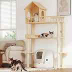 Wood Cat Tower for Automatic Litter Box, 4 Tier Cat Tree, 60 Inch | Multi-Level Solid Wood Cat Tree for Indoor Large Cats, Tall Cats Scratching Post Furniture w/Cats House, Burlywood