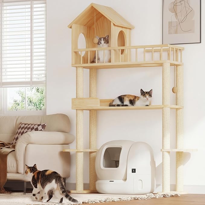 Wood Cat Tower for Automatic Litter Box, 4 Tier Cat Tree, 60 Inch | Multi-Level Solid Wood Cat Tree for Indoor Large Cats, Tall Cats Scratching Post Furniture w/Cats House, Burlywood