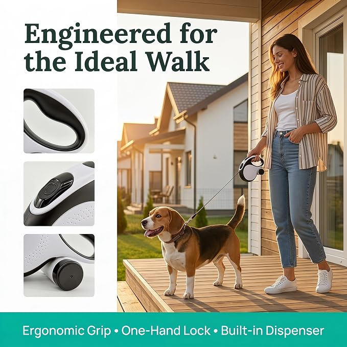 26ft Retractable Dog Leash Durable for Dog up to 110lbs, White | Automatic 8M Tangle-free Strong Nylon Leash for Large Dogs,Built-in Waste Bag Dispenser, One-hand Brake & Lock