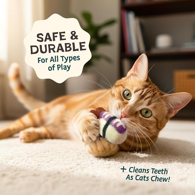 Woolbuddy Wool Cat Toys (Sushi 9 PCS) for Indoor Cats & Kittens Catnip-Free | 100% Pure Wool Felt Interactive Cat Toys, Catnip-Free for Bored Cats, Teething Kittens, Redirect Cat's Destructive Energy