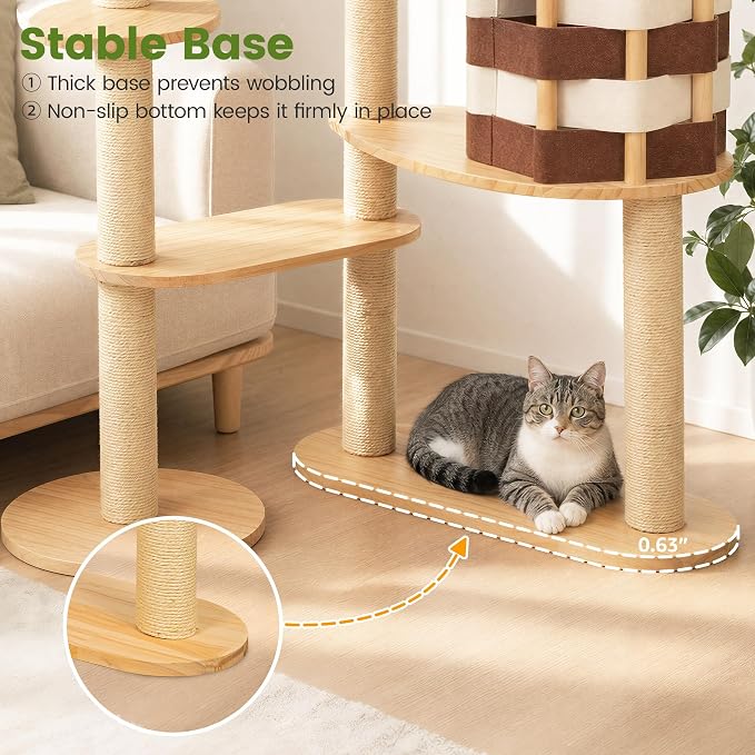 63.8 Inch Large Solid Wood Cat Tree, Modern Cat Tower for Indoor Cats, Cat Condo with Top Hideaway, Sisal Scratching Posts, Washable Cushion, Hanging Balls, Natural