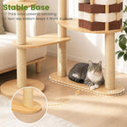 63.8 Inch Large Solid Wood Cat Tree, Modern Cat Tower for Indoor Cats, Cat Condo with Top Hideaway, Sisal Scratching Posts, Washable Cushion, Hanging Balls, Natural