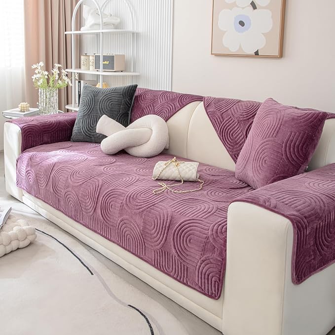 Soft Plush Geometric Quilted Couch Sofa Cover Boho Non Slip Fuzzy Sectional Couch Cover Solid Color Washable Sofa Slipcover Furniture Protector for Kids Dogs Cats (Purple,43"x43")