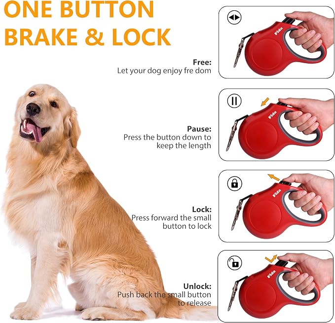 Fida Retractable Dog Leash for Large Breed up to 110 lbs, 16 ft Heavy Duty Pet Walking Leash with Dispenser and Poop Bags, Anti-Slip Handle, Reflective Strong Nylon Tape (L, Red)