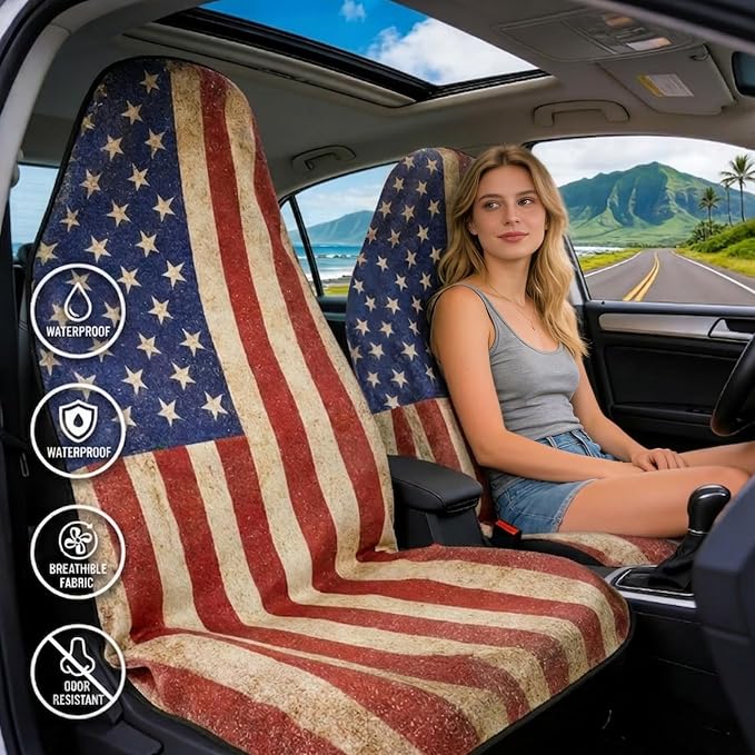 ZIMABLUE 2 Pack American Flag Waterproof Towel Car Seat Covers, Sweatproof Non-Slip Seat Protector, Machine Washable Universal Front Bucket Seat Covers for Cars, SUVs, Gym, Beach, Sports & Pets