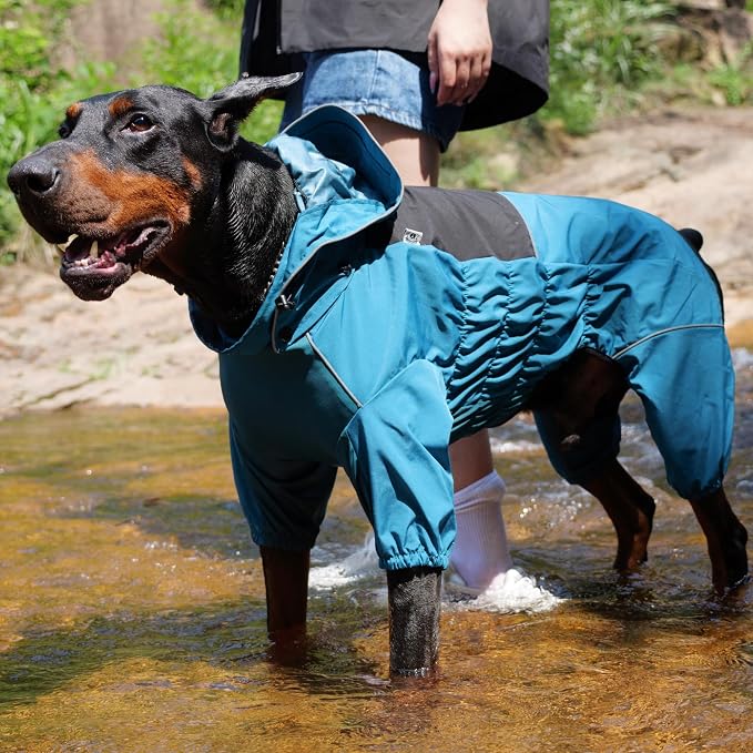 LOVELONGLONG Waterproof Dog Raincoat with Removable Hood – Outdoor Full Body Dog Jacket, Windproof Snowproof Shell Suit – All Season Pet Rain Gear Ocean Teal L