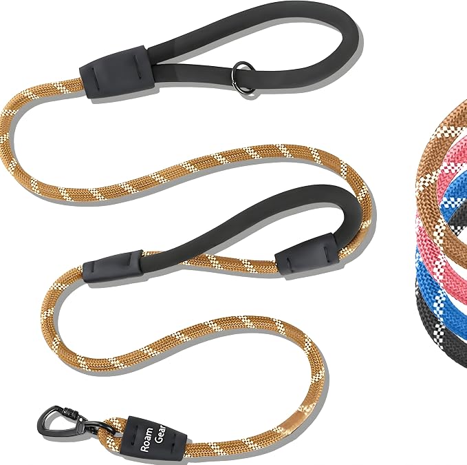 6 Foot Dog Leash, Two Extra Padded Handles, Locking Carabiner Clip, Reflective for Night Visibility, Weatherproof, Heavy Duty Rope Leash, Roam Gear (Brown)