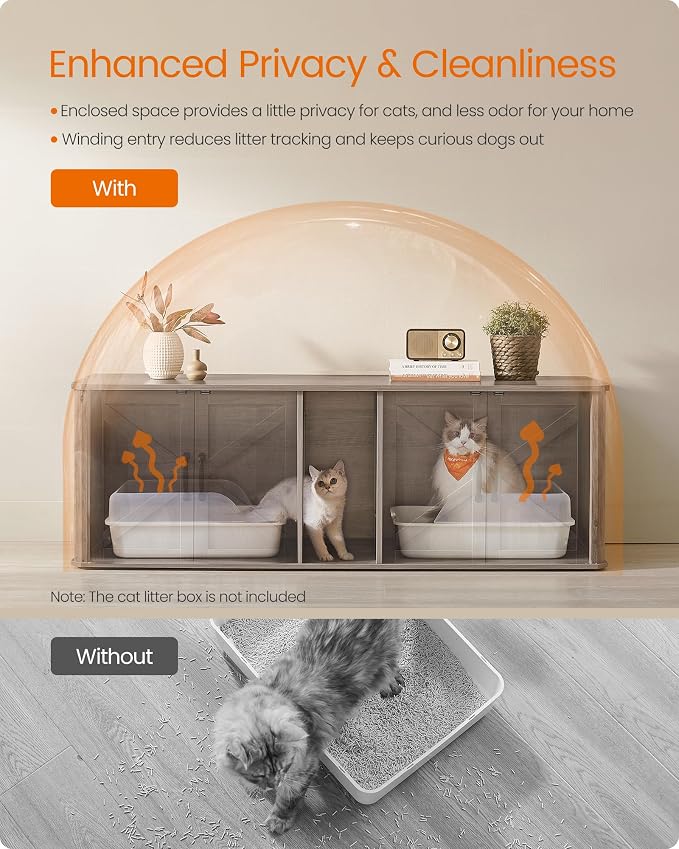 Feandrea Double Cat Litter Box Enclosure, Modern Litter Box Furniture Hidden for 2 Cats, Front Entry, Cat House, Side End Table, TV Stand, 59 x 19 x 19.5 Inches, Heather Griege UPCL010G01