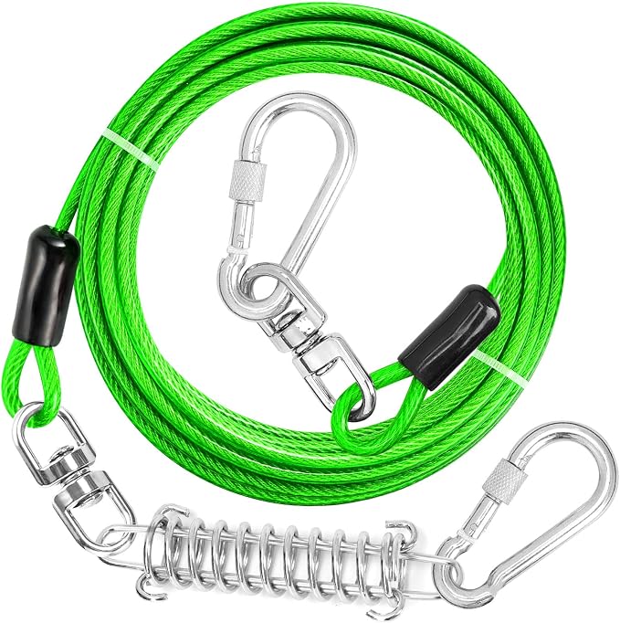 jenico Dog Tie Out Cable, 10/15/20/30/40/50/70/100/150FT Runner Cable with Swivel Hook and Shock Spring, Dog Leash Run Tether for Yard Outdoor and Camping,for Small to Medium Pets Up to 500 LBS