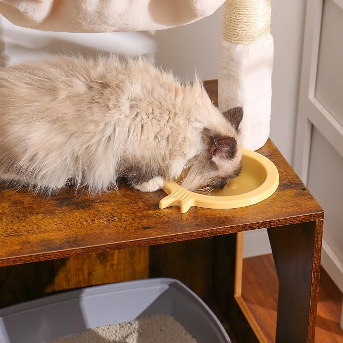 Hey-brother Cat Tree Tower, Litter Box Enclosure, Food Station, MPJ100SR | 47.24 Inches Wooden All-in-one Cat House, Large Hammock, Bed, Scratching Posts, Modern Style for Indoor Cats, Rustic Brown