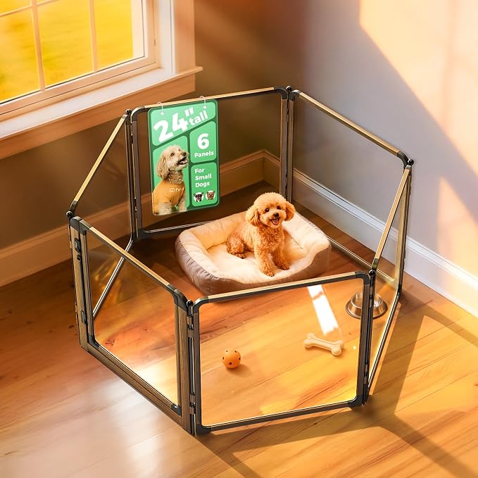 FXW AuraSpace Pro Clear Acrylic Indoor Dog Playpen, 24" H, 6 Panels | Open View, No Climbing Bars, Heavy-duty Metal, DIY Layouts, Easy Access, For Puppies & Small Dogs, Patented
