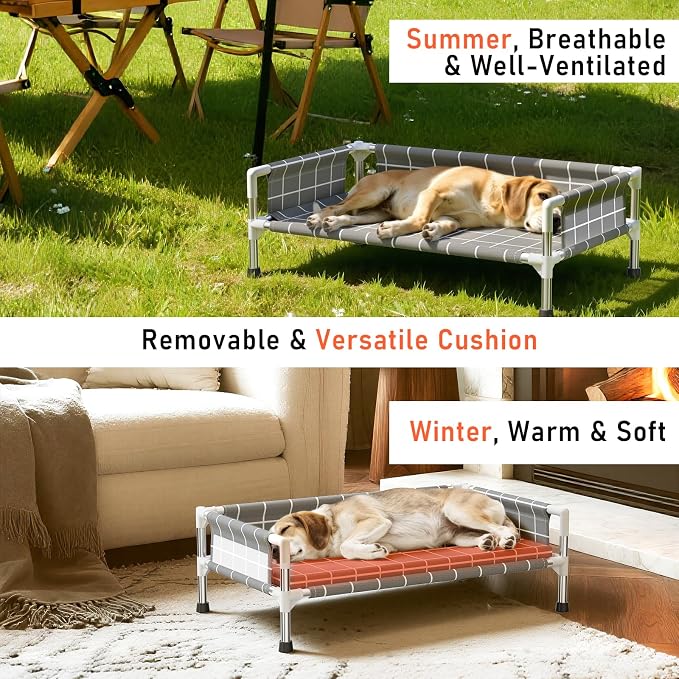 Elevated Dog Bed with Cushion and Three-Sided Fence for Small Medium Dogs | 3-sided safety Guardrail and soft cotton fabric. Anti-slip feet for stable indoor relaxation and outdoor activities