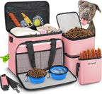 6 Set Dog Travel Bag, Large Pet Travel Kit for Supplies, Pink | Includes 2 Food Containers, 1 Pet Organizer for Dogs, 2 Collapsible Bowls, 1 Treat Pouch, Dog Weekend Overnight Bag Luggage
