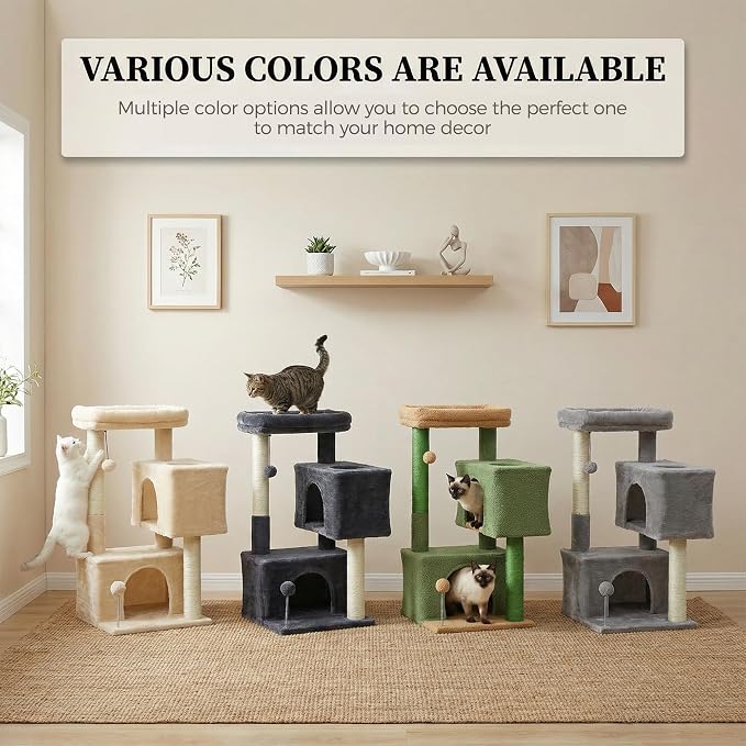 Small Cat Tree for Kittens, 32 in Cat Tower with 2 Cozy Condos | Multi-Level Cat Tree with Scratching Posts, Soft Padded Perch, 2 Dangling Toys