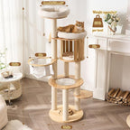 Modern Cat Tree Tower with Scratching Post, 61.5in Tall Cat Tree for Indoor Cats, Multi-Level Solid Wood Cat Furniture with Cozy Cat Beds, Condo, Hammock, Capsule Nest, Turntable Toy, Natural