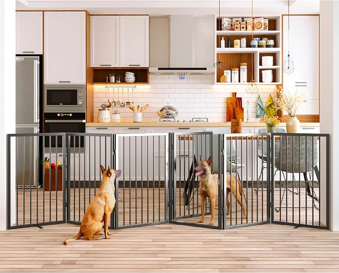 Vantas 120" x 32" Foldable Freestanding Extra Wide Dog Gate with Door,Black | Pet Gate for Stairs and Doorways, Renter Friendly No Drill, Indoor Pet Fence Extra Wide, Easy Storage, With Support Feet