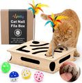 Cat Nail File Box – XL Wooden Cat Scratch Box with Built-in Nail Filing Pad, Interactive Puzzle Toy with 4 Bell Balls & 2 Feather Teasers, Claw Saver Box for Indoor Cats & Kittens