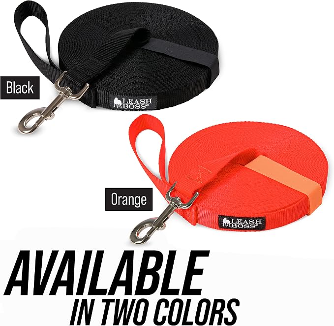 Leash Boss Long Trainer - 1 Inch Nylon Long Dog Training Leash with Storage Strap (15 Ft, Black)