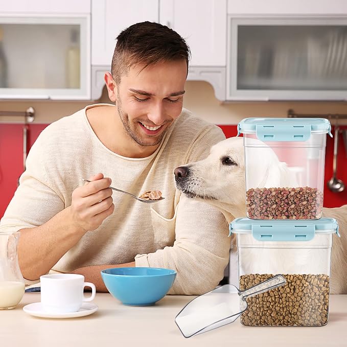 Patelai 6 Pcs Dog and Cat Food Storage Containers with Scoops Set Plastic Pet Food Storage Containers Stackable Airtight Dry for Kitchen 1.27 Qt, 2.4 Qt, 4 Qt(Blue)