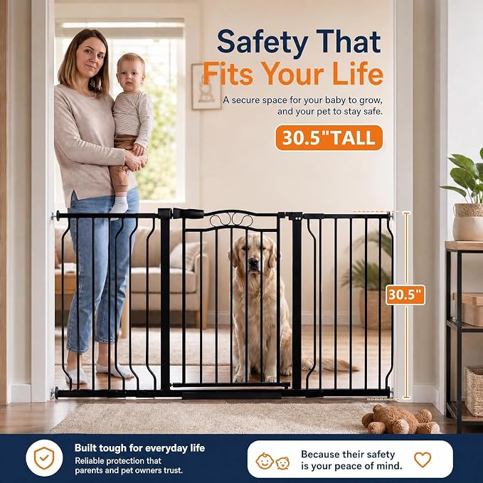 62.5"-71.6" Extra Wide Baby Gate & Dog Gate,Pressure Mounted No Drilling Pet Gate for Doorways & Large Openings, with Walk-Through, Auto-Close & Dual-Direction Swing, Black