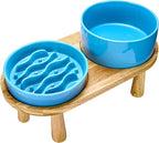 Ceramic Slow Feeder and Water Bowl Set for Medium and Large Dogs, 2.0 Cups Dog Slow Feeder(30oz) and 70oz Water Bowl Set, 8in, Baby Blue