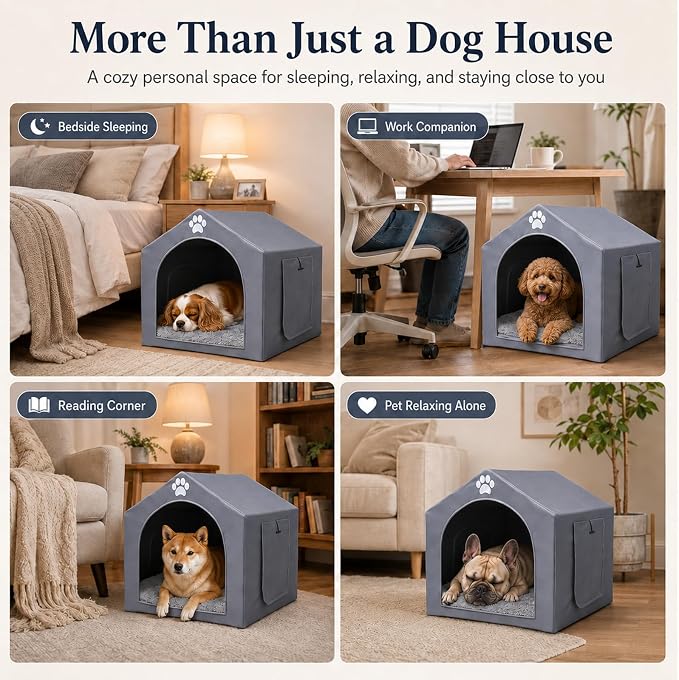 Dog House Indoor for Medium Dogs, 25 x 25 x 28 Inch Dog Tent with Reversible Cushion, Washable Foldable Pet House with Sturdy PVC Frame, Non-Slip Bottom & Roof Cover for 15-45 lbs Dogs and Cats, Gray
