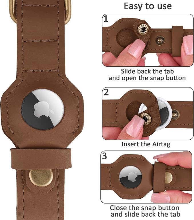 AirTag Dog Collar - Genuine Leather Dog Collar with Apple AirTag Holder and Metal Buckle - Smart GPS Tracking Pet Collars (Tawny, XS, 9"-12" Neck Fit)