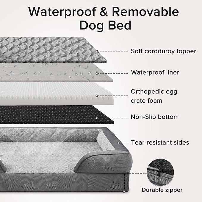 INVENHO L Plus Orthopedic Dog Bed for Large Dogs, Washable Dog Sofa with Egg-Crate Foam, Waterproof Lining and Non-Skid Bottom