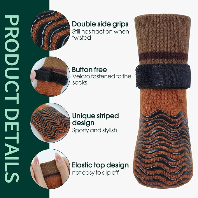 Kuoser Non Slip Dog Socks for Hardwood Floors, Anti-Slip Dog Grippy Socks to Prevent Licking Paws, Double-Sided Traction Dogs Booties Paw Protectors for Small Medium Large Senior Dogs, 4 Pack-Brown L