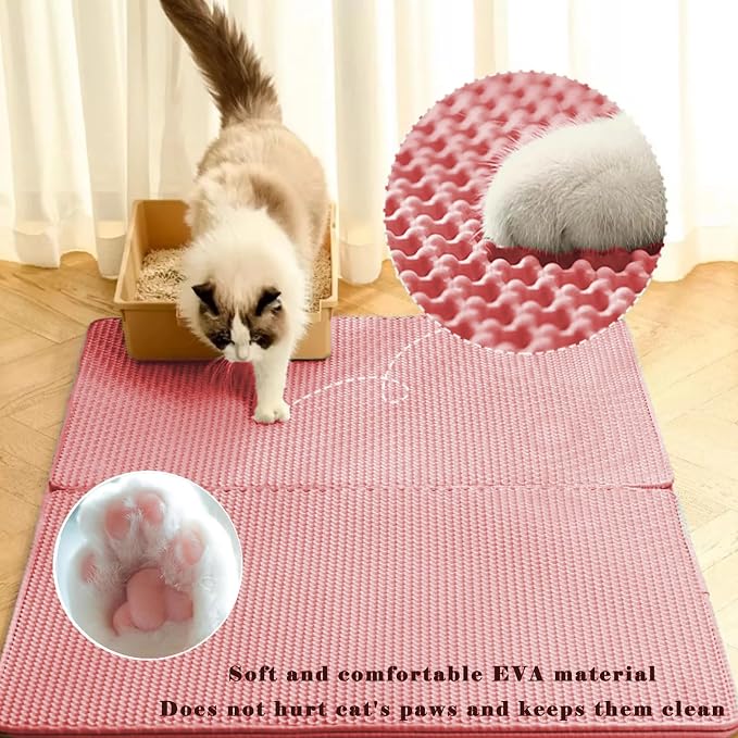 HCY&WLD Cat Litter Mat, Honeycomb Double Layer Litter Trapping Mat | Safe Materials, Soft on Paws, Waterproof Urine Proof Non-Slip, Protects Floors, Less Waste, Easy to Clean, Pink, 30" x 22"