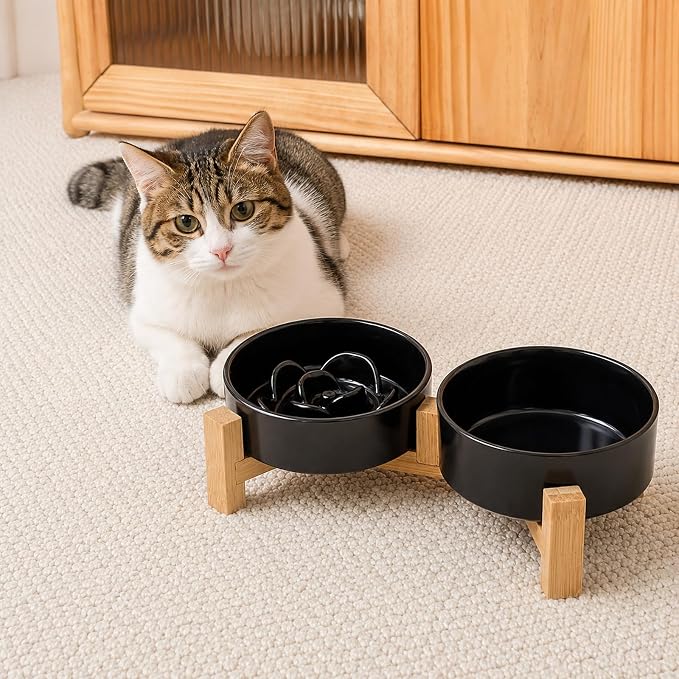 Ceramic Slow Feeder Dog Bowls with Raised Stand, 1.5 Cups Elevated Slow Feeding Bowl for Small and Medium Dogs and Cats, Non-Slip Pet Food Dish Helps Reduce Gulping and Bloating