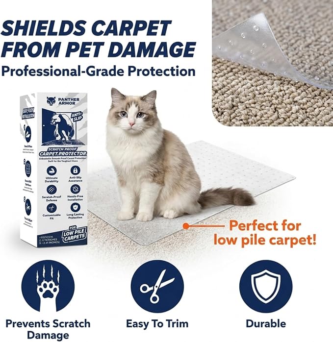 Panther Armor Cat Carpet Protector, Clear Plastic Runner Mat 12 x 43 in | Carpet protector for pets. Stops cats scratching carpet in doorways. Rug runner and door mat