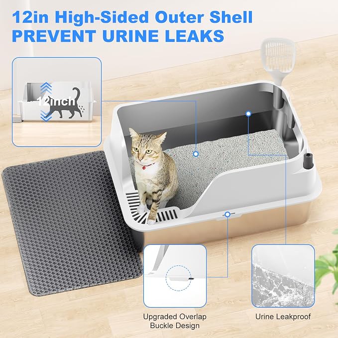 Non-Stick Stainless Steel Litter Box, XL Side Open Splash-Proof (White) | Leak-Proof Seamless Seal, Ellenpent Large Capacity, Cat Litter Box with Lid for Multi-Cats, Easy-Clean & Durable
